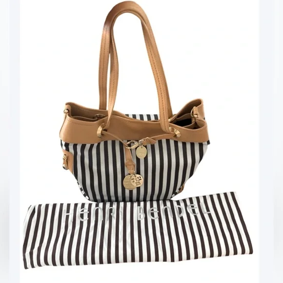 Henri Bendel Black and Tan Striped Tote includes dust bag and original receipt